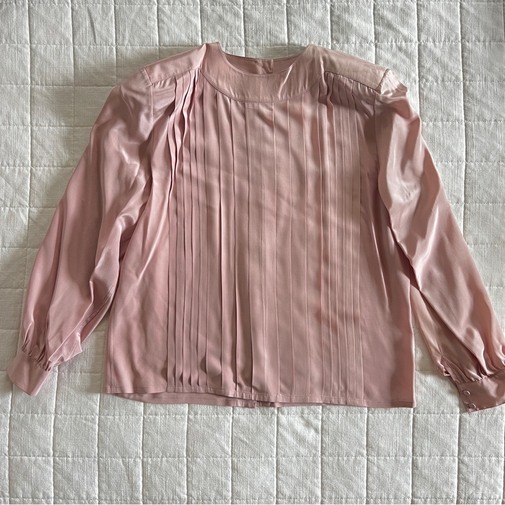 Silk Pink Long Sleeve Pleated Blouse with Bib Collar